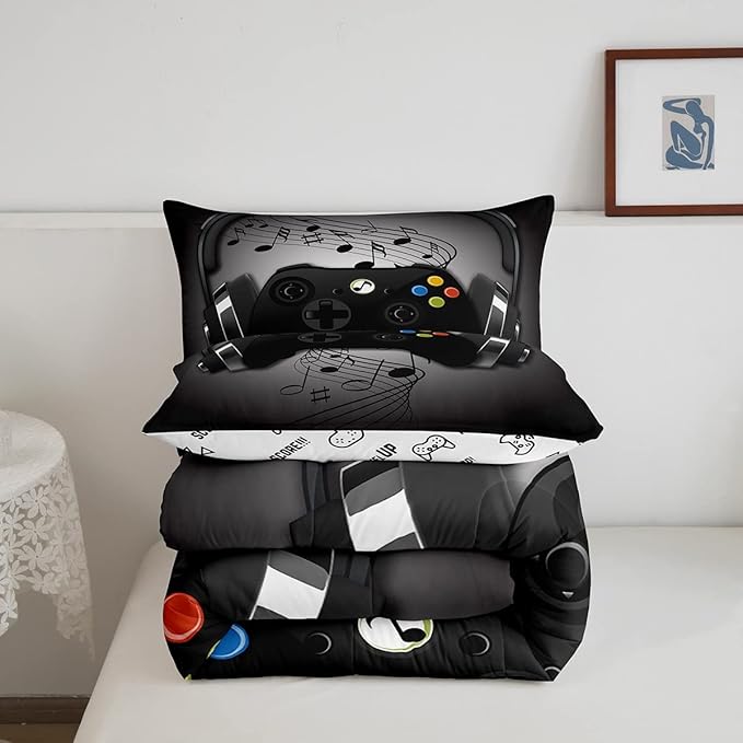 Gamer Comforter Set Twin Size,Black Grey Headphones Musical Design Games Gamepad Bedding Set for Kids Boys Video Game Room Decor Retro Playing Gamer Down Comforter Gaming Controller Quilted Duvet Set