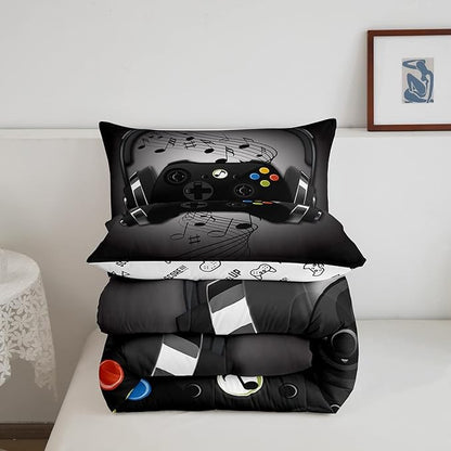 Gamer Comforter Set Twin Size,Black Grey Headphones Musical Design Games Gamepad Bedding Set for Kids Boys Video Game Room Decor Retro Playing Gamer Down Comforter Gaming Controller Quilted Duvet Set