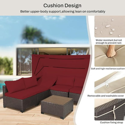 6 PCS Outdoor Patio Furniture Set,Sectional Sofa Set,Rattan Daybed with Retractable Canopy,Adjustable Backrest,Storage Coffee Table,Chaise Chair Sunbed for Porch Garden Poolside Backyard(Red)