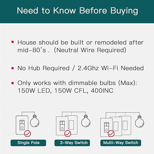 TREATLIFE 3 Way Smart Dimmer Switch, Smart Switch Compatible with Alexa and Google Assistant, 2.4GHz WiFi Light Switch, Schedule, Neutral Wire Needed, No Hub Required, 1 Pack