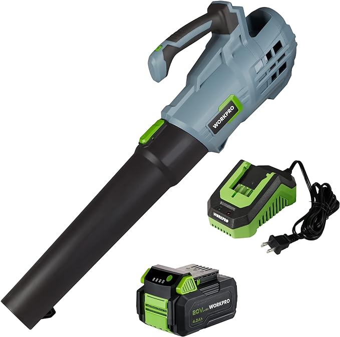 WORKPRO 20V Cordless Leaf Blower with 5 Adjustable Speeds, 350 CFM Powered Blower Sweeper for Lawn Care Snow Blowing Yard Cleaning, 4.0Ah Larger Capacity Battery and Quick Charger Included