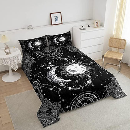 Sun and Moon Bedding Set Constellation Galaxy Comforter Set for Kids Boys Girls Teens Psychedelic Boho Mandala Comforter Breathable Celestial Duvet Set Black White Room Decor Quilt Cover King Size