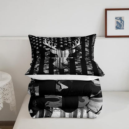 Manfei Deer Antlers Silhouette Comforter Set Twin,Camouflage American Flag Bedding Set, Wild Animal Natural Quilt Set 2 Pcs for Kids Teens Adults Room Decor,Black Grey Duvet Insert with 1 Pillowcase