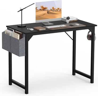 SMUG Computer Desk 40 Inch Home Office Writing Wood Storage Bag & Headphone Hook Small Spaces Simple Bedroom Work Study Kids Table, Black
