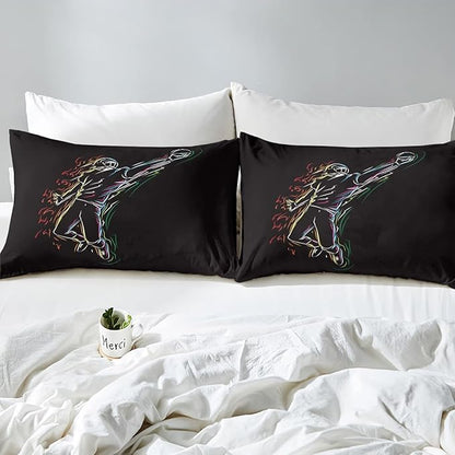 Erosebridal Boys Football Bedding Set King Size American Rugby Comforter Set for Kids Teen Men Bedroom Dorm Decor Sketch Football Athlete Comforter Ball Sports Quilt Duvet Insert 2 Pillow Cases Black