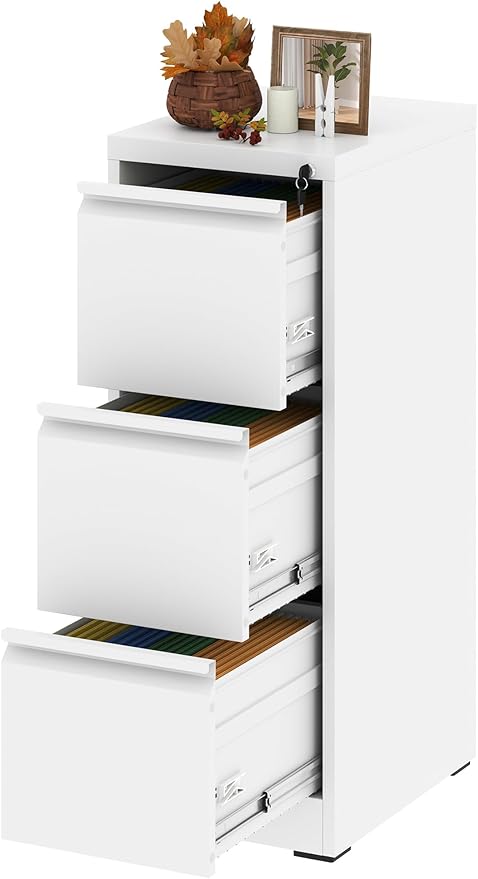 Vertical File Cabinet with Drawer, 3 Drawer File Cabinet with Lock, Filing Cabinets for Home Office, Hanging Files for A4/ Legal/Letter, White