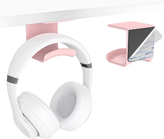 HomeMount Headphone Hook Under Desk - Headphone Holder Under Table, Adhesive Gaming Headphone Stand Hanger Desk Mount for Most Headphone (Pink)