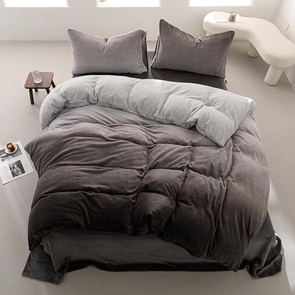 Wellboo Grey Gradient Comforter Sets King Silver Grey Velvet Bedding Comforters Modern Plain White and Dark Grey Flannel Quilts Farmhouse Abstract Art Gray Comforters Micromink Sherpa Fuzzy Plush Bed