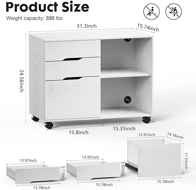 OLIXIS 3 Drawer File Cabinet Lateral Printer Stand with Adjustable Storage Shelves for Home Office Small Space, White