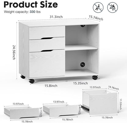 OLIXIS 3 Drawer File Cabinet Lateral Printer Stand with Adjustable Storage Shelves for Home Office Small Space, White