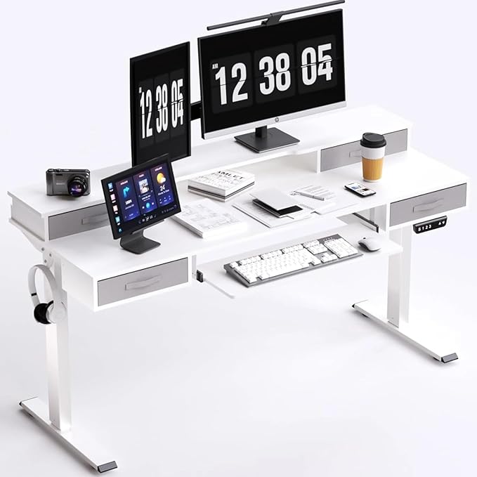 Electric Standing Desk, Multifunctional Standing Desk Adjustable Height, 55 * 24 Standing Desk with 4 Drawers, Ergonomic Adjustable Standing Desk with Keyboard Tray, Snow White