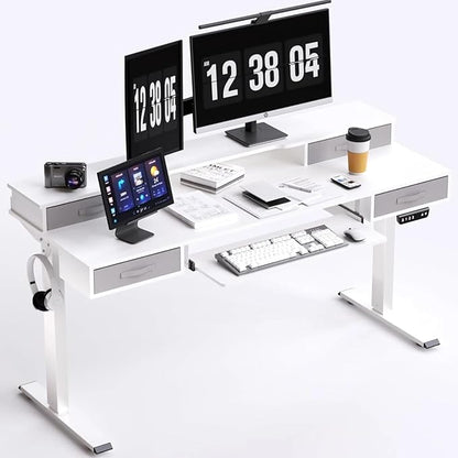Electric Standing Desk, Multifunctional Standing Desk Adjustable Height, 55 * 24 Standing Desk with 4 Drawers, Ergonomic Adjustable Standing Desk with Keyboard Tray, Snow White