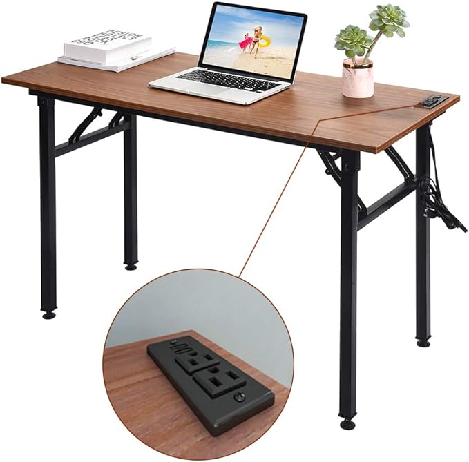 Frylr Folding Computer Desk with Plugs & USB Ports, Home Office Desks Foldable 43.3x19.6x29.5 Inch Study Table for Student Writing Desk for PC/Laptop, No Installation, Walnut + Black Leg