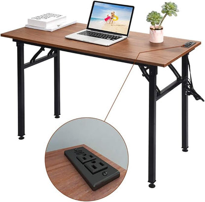 Frylr Folding Computer Desk with Plugs & USB Ports, Home Office Desks Foldable 43.3x19.6x29.5 Inch Study Table for Student Writing Desk for PC/Laptop, No Installation, Walnut + Black Leg