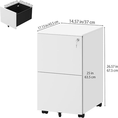 YITAHOME 2-Drawer Mobile File Cabinet with Lock, 18.9” Deep Office Filing Cabinet for Legal/Letter, Pre-Assembled Vertical Metal File Cabinet Except Wheels Under Desk White