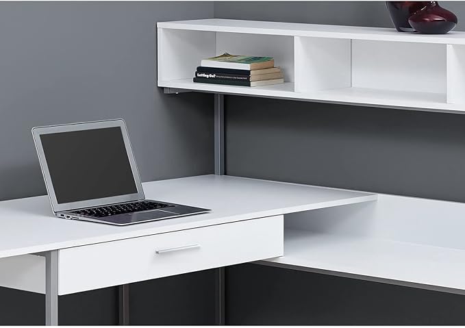 Monarch Specialties Workstation for Home & Office with Multiple Shelves and Drawer L-Shaped Corner Desk with Hutch, 60" L, White/Silver Frame