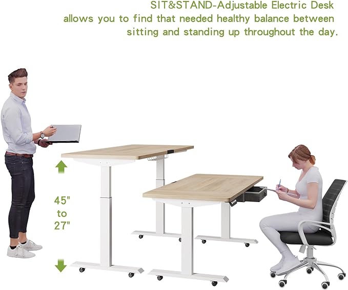 Radlove Dual Motors Height Adjustable 55 x 30'' Electric Standing Desk with Drawer Stand Up Table 4 Memory Keys, Computer Desk with Splice Board Home Office Desk, Oak Top + White Frame