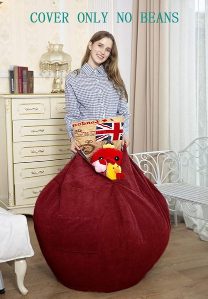 Stuffed Animal Storage Bean Bag Chair Cover (No Filler) for Kids and Adults.Soft Premium Corduroy Stuffable Beanbag for Organizing Children Plush Toys or Memory Foam Large 300L (WineRed)