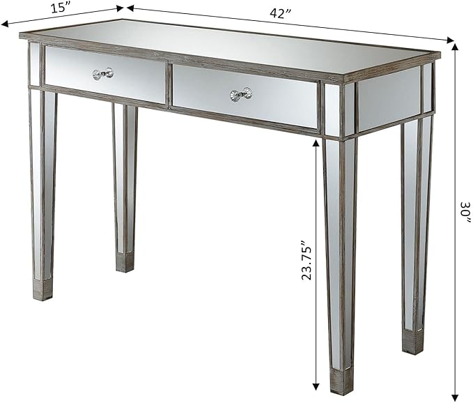 Convenience Concepts Gold Coast Mirrored Desk 42" - Console Table with 2 Drawers for Storage in Living Room, Office, Weathered White/Mirror