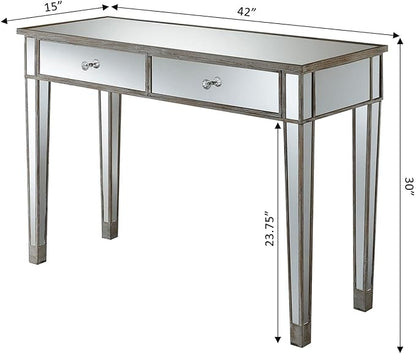 Convenience Concepts Gold Coast Mirrored Desk 42" - Console Table with 2 Drawers for Storage in Living Room, Office, Weathered White/Mirror