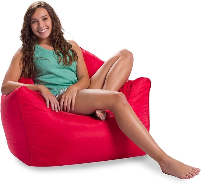 Posh Creations Structured Comfy Bean Bag Chair for Gaming, Reading, and Watching TV, Malibu Lounge, Soft Nylon-Red