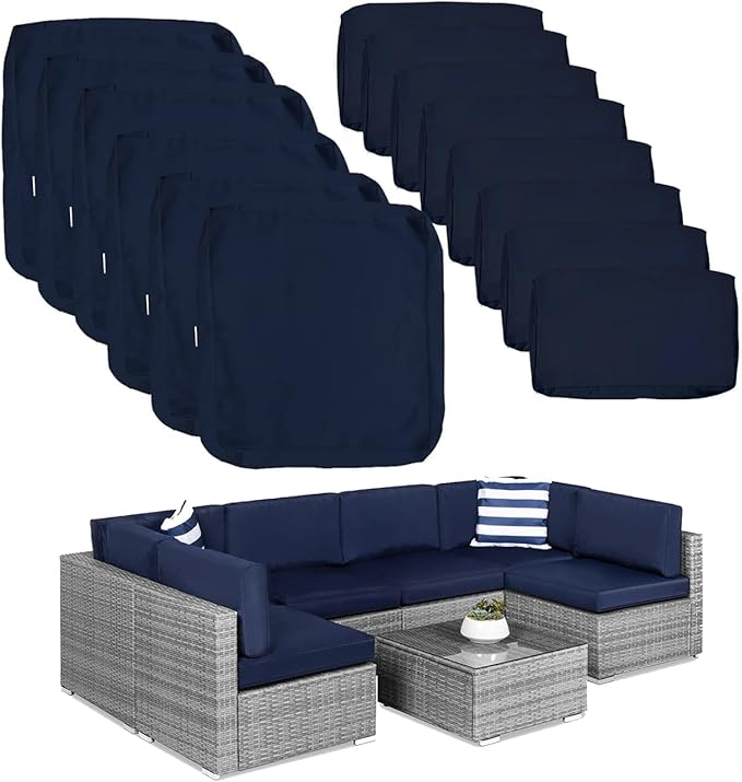 ClawsCover 14Pack Outdoor Patio Seat and Back Cushions Replacement Covers Fit for 7Pieces 6-Seater Wicker Rattan Sectional Couch Chair Furniture Set,Navy-Include Cover Only (Small)