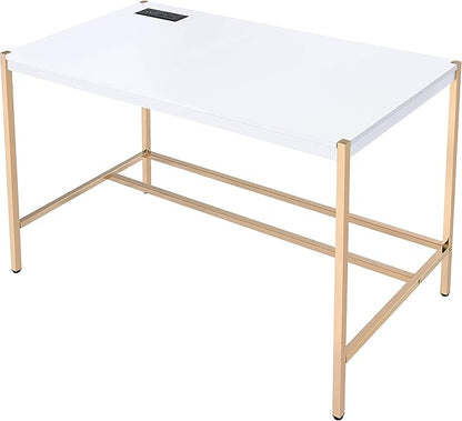 Acme Midriaks Wooden Top Writing Desk with USB Port in White and Gold