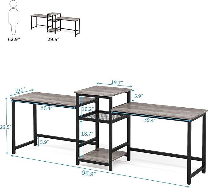Tribesigns Extra Long Two Person Desk with Storage Shelves, 96.9 inch Double Computer Desks with Printer Shelf for 2 People, Rustic Writing Desk Workstation for Home Office