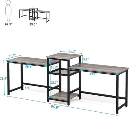 Tribesigns Extra Long Two Person Desk with Storage Shelves, 96.9 inch Double Computer Desks with Printer Shelf for 2 People, Rustic Writing Desk Workstation for Home Office