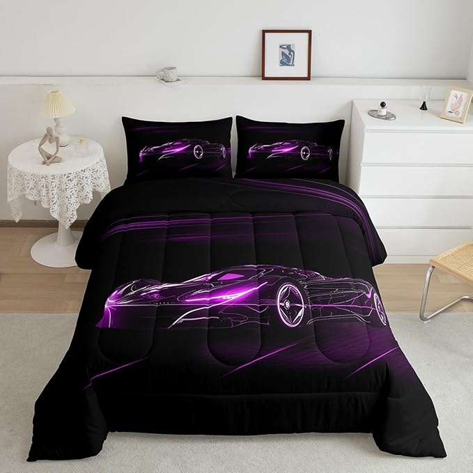 Feelyou Purple Race Car Bedding Set Full Size for Kids Boys Extreme Sport Games Comforter Set Teens Toddler Fast and Furious Duvet Set Cool Modern Quilt Set 3Pcs