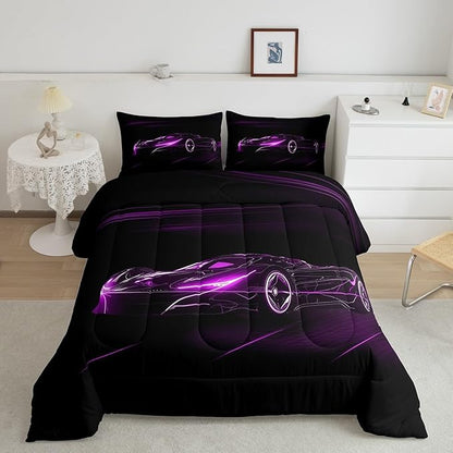 Feelyou Purple Race Car Bedding Set Full Size for Kids Boys Extreme Sport Games Comforter Set Teens Toddler Fast and Furious Duvet Set Cool Modern Quilt Set 3Pcs