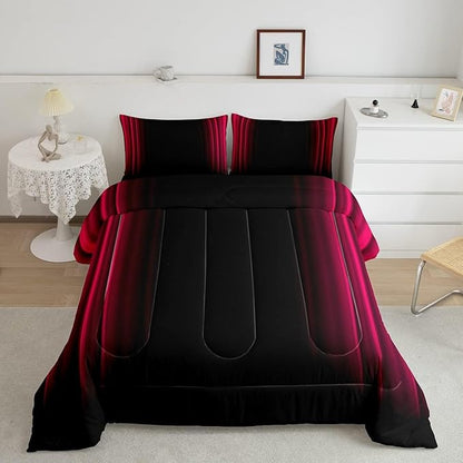 Feelyou Geometric Abstract Ombre Bedding Bed Set Men Adults Teens Vibrant Red Black Striped Comforter Set Kids Boys Girls Simple Modern Comforter Collection 3Pcs King Size Boys