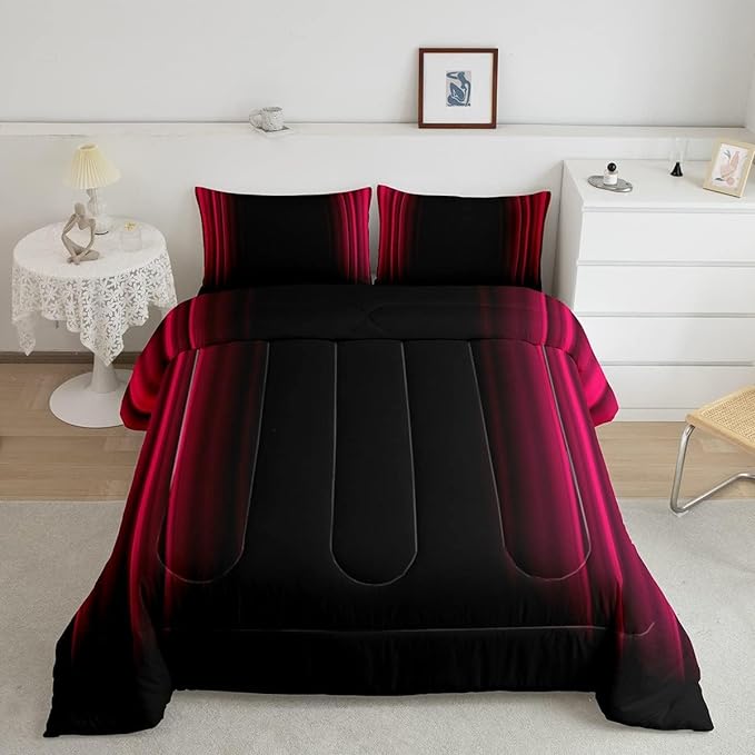 Geometric Abstract Ombre Bedding Bed Set Men Adults Teens Vibrant Red Black Striped Comforter Set Kids Boys Girls Simple Modern Comforter Collection 3Pcs Full Size Boys