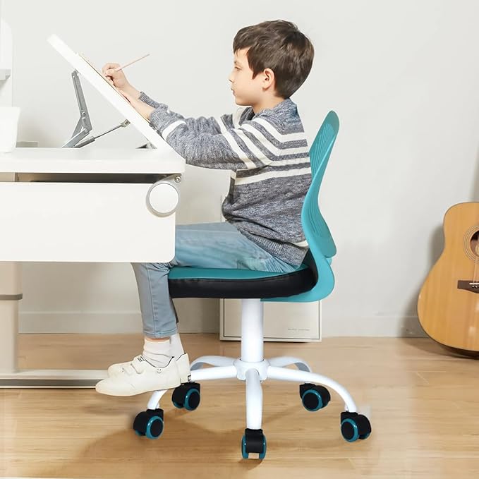 FurnitureR Desk Chair Small Study Chairs Armless for Child Kids Teens, Swivel Rolling Lightweight Task Chair with Wheels and Pu Leather Padded Cushion, Green/Black