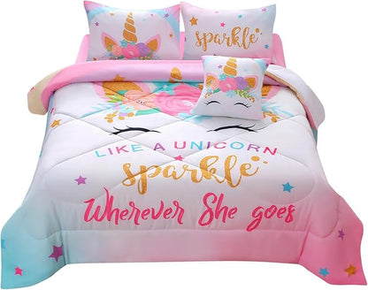 JQinHome Unicorn Twin Bedding Sets for Girls Kids,6 Piece Bed in A Bag 3D Colorful Flower Girl Unicorn Comforter Set with Sheet Set(Sparkle)