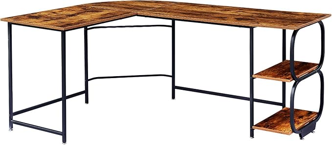 Anivia 68.9" Reversible L Shaped Desk with Storage Shelves - Corner Computer Desks Gaming Table Workstation for Home Office, Writing, Study, Caramel Brown