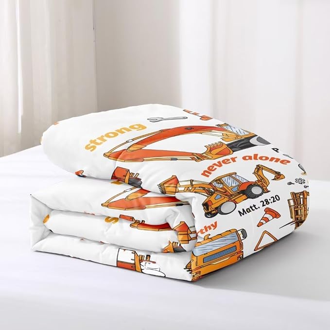 Kids Construction Vehicles Truck Comforter for Boys Queen,Cartoon Car Excavator Tractor Bedding Set,Construction Christian Spirational Quotes Comforter with 2 Pillowcases White