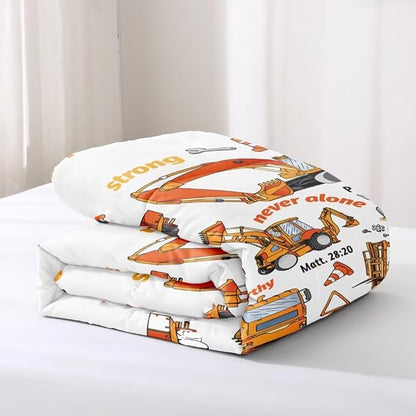 Kids Construction Vehicles Truck Comforter for Boys Queen,Cartoon Car Excavator Tractor Bedding Set,Construction Christian Spirational Quotes Comforter with 2 Pillowcases White
