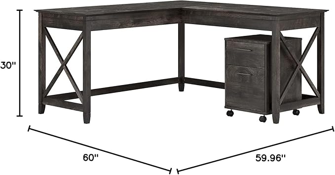 Bush Furniture Key West 60W L Shaped Desk with 2 Drawer Mobile File Cabinet in Dark Gray Hickory