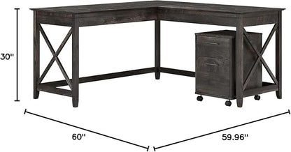 Bush Furniture Key West 60W L Shaped Desk with 2 Drawer Mobile File Cabinet in Dark Gray Hickory