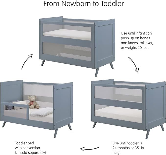 BreathableBaby Breathable Mesh 3-in-1 Convertible Crib (Toddler Bed Kit Sold Separately) — Steel Gray — Two Adjustable Mattress Heights — Greenguard Gold Certified