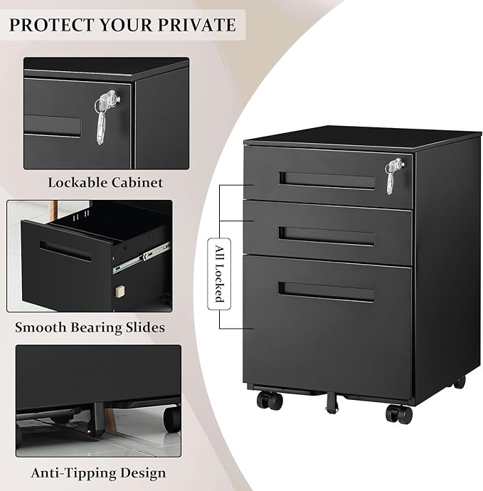 3-Drawer Mobile File Cabinets Rolling Metal Filing Cabinet for Legal & Letter File Anti-tilt Design with Lock Under Desk Office Drawers Fully Assembled Except Casters Black(Style 3)