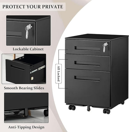 3-Drawer Mobile File Cabinets Rolling Metal Filing Cabinet for Legal & Letter File Anti-tilt Design with Lock Under Desk Office Drawers Fully Assembled Except Casters Black(Style 3)
