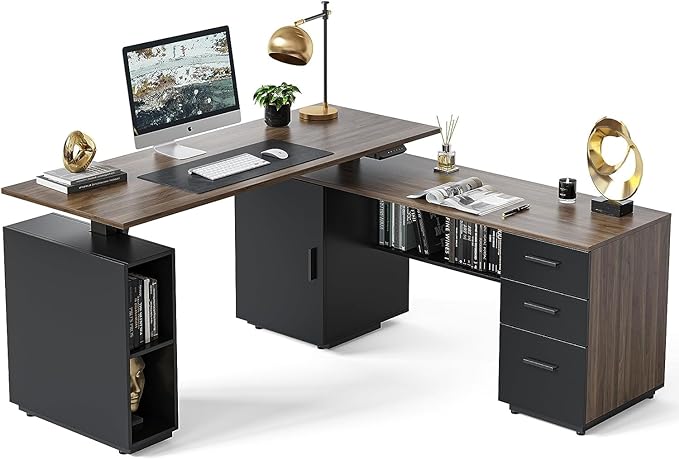 FEZIBO 63" L Shaped Executive Standing Desk with File Cabinet, Electric Height Adjustable, Black Walnut