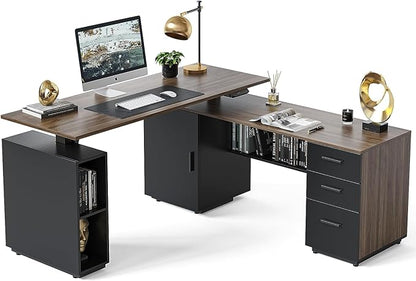 FEZIBO 63" L Shaped Executive Standing Desk with File Cabinet, Electric Height Adjustable, Black Walnut