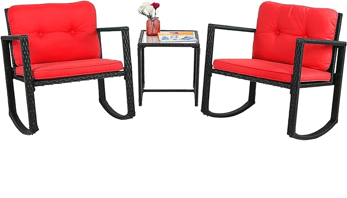 FDW 3 Piece Wicker Patio Furniture Sets Rocking Chair Outdoor Bistro Set Patio Set Rattan Chair Conversation Set with Porch Chairs and Coffee Table,Red