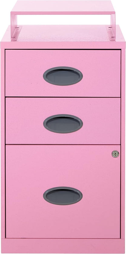 OSP Home Furnishings 3 Drawer Locking Metal File Cabinet with Top Shelf, Pink