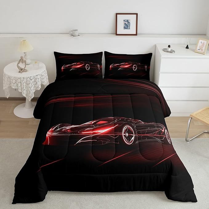 Feelyou Red Race Car Bedding Set Queen Size for Kids Boys Extreme Sport Games Comforter Set Teens Toddler Fast and Furious Duvet Set Cool Modern Quilt Set 3Pcs
