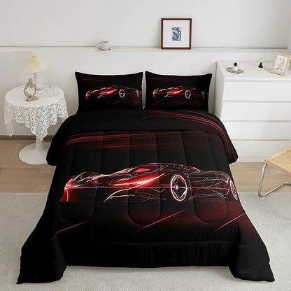 Feelyou Red Race Car Bedding Set Queen Size for Kids Boys Extreme Sport Games Comforter Set Teens Toddler Fast and Furious Duvet Set Cool Modern Quilt Set 3Pcs