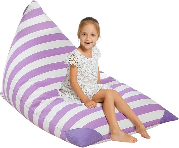 Aubliss Stuffed Animal Storage Bean Bag Chairs Cover, 50"x 35" Extra Large Bean Bags Chair for Kids & Adults, Beanbag Toy Storage for Boys Girls - Premium Cotton Canvas Purple Stripe